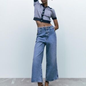 Zara cropped wide leg jeans with gold buttons